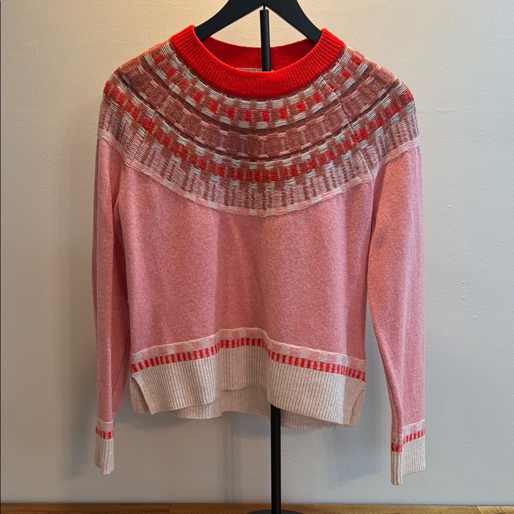 Madewell Pink Fair Isle Yoke Crewneck Sweater with Red Trim